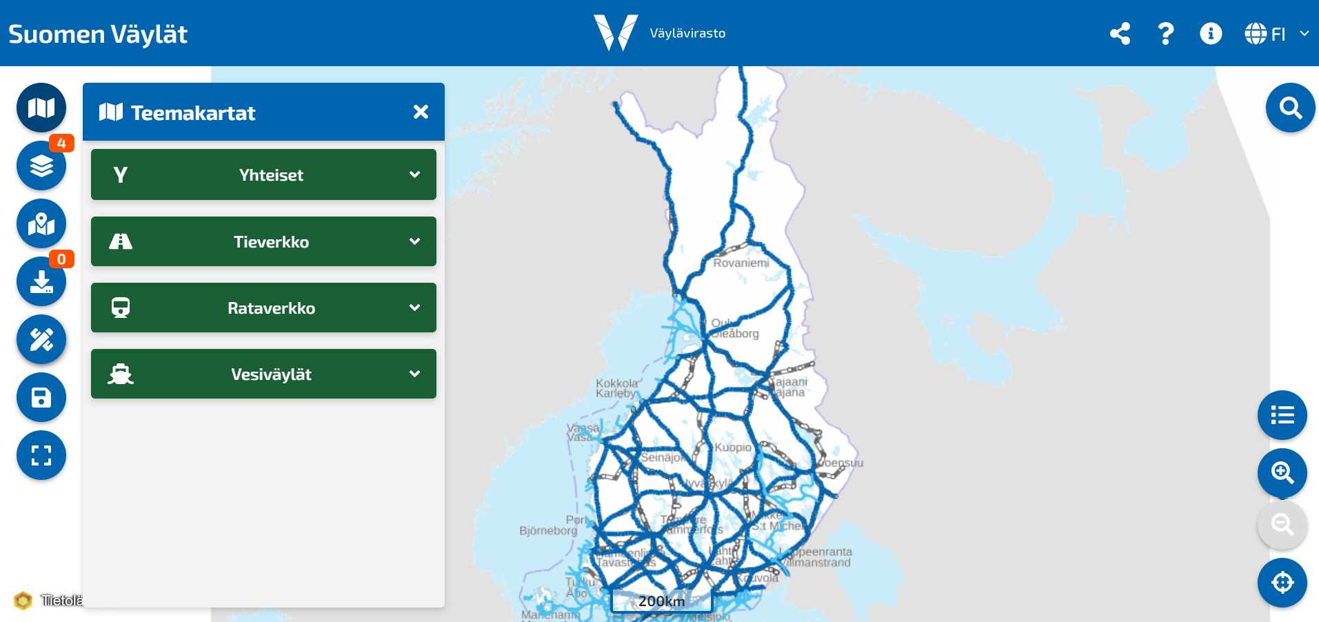 Kuvituskuva Suomen Väylät- palvelusta, jossa visualisoidaan teemakarttojen sijainti palvelussa. Taustalla näkyy Suomen kartta.